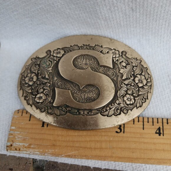 Vintage 70s Award Design Medals Inc. Brass "S" Belt Buckle Floral Flowers - Picture 2 of 6